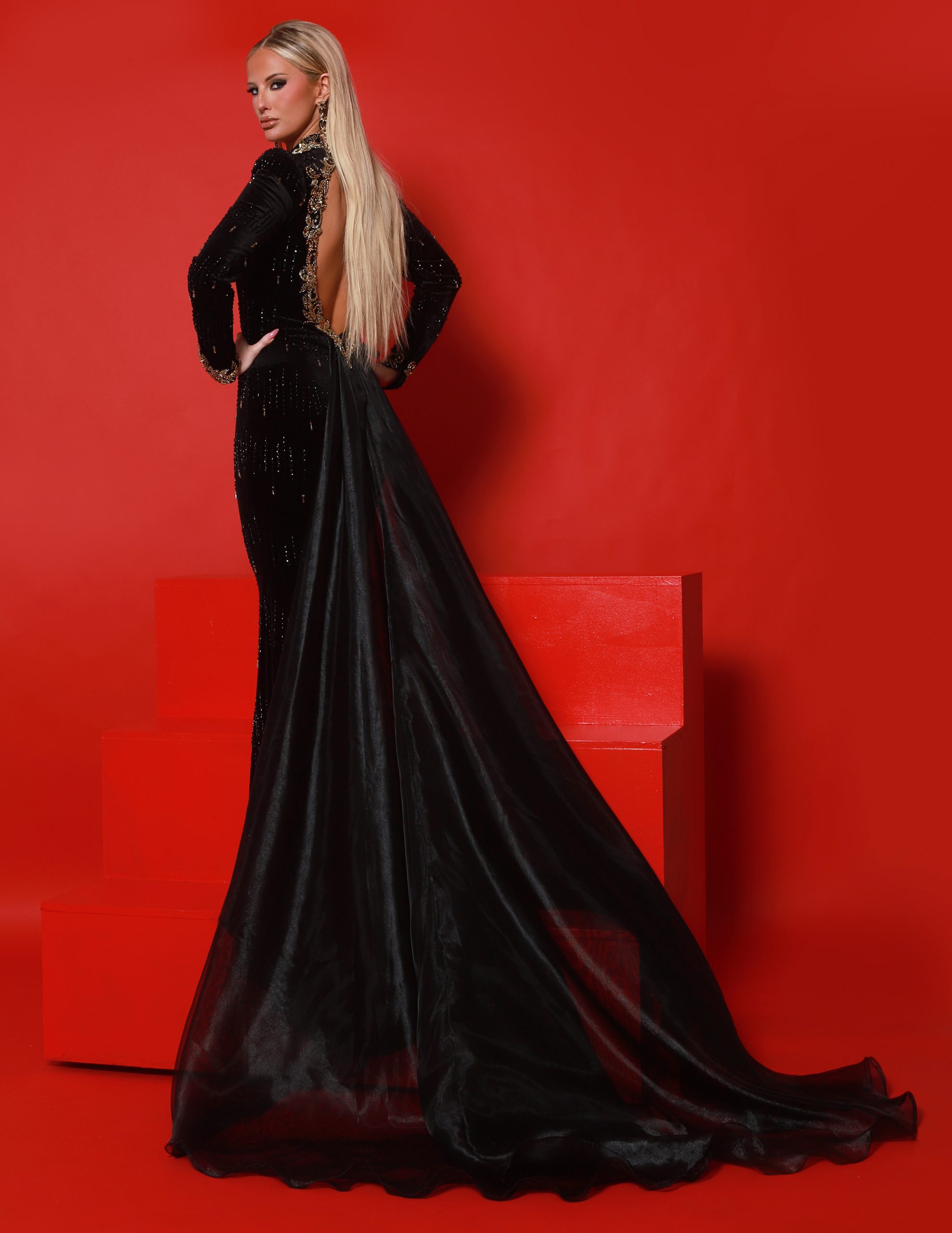 Back view of black velvet evening gown with intricate gold embroidery and dramatic organza train – ideal for pageants and red carpet appearances.